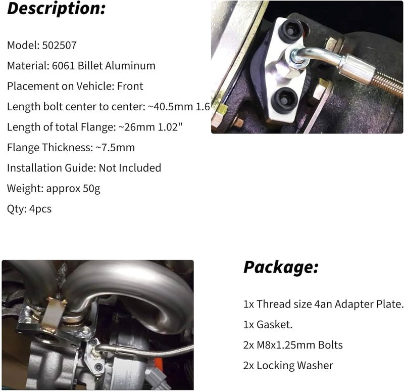 OXCANO 4AN T3 T3/T4 T04 Fitting Turbo Oil Feed Flange Adapter With Gasket Kit - Image 5